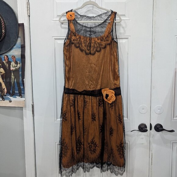 Antique Vintage 1920s Drop Waist Dress Orange Black Lace Medium Art Deco Flapper - Picture 1 of 9